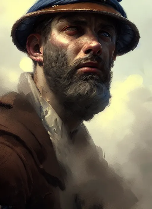 Image similar to portrait of a rugged man wearing a sailors cap, victorian, concept art, detailed face, fantasy, close up face, highly detailed, cinematic lighting, digital art painting by greg rutkowski