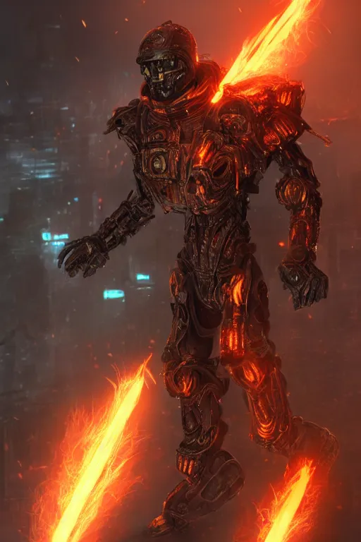 Prompt: Cybernetic Flame Armor, fantasy, photorealistic, glowing eyes, 4k, cinematic lighting, explosive, destroyed cityscape, powerful, bossfight