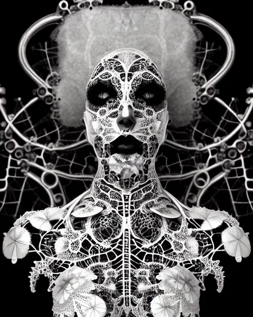 Image similar to surreal black and white photo portrait of complex bio-mechanical beautiful young female vegetal-cyborg with a Mandelbrot fractal steampunk metal fine lace face, curled silver hair and a fine metal floral foliage super big lace collar by Alexander McQueen:: high fashion, haute couture, rococo, steampunk, silver filigree details, anatomical, facial muscles, cable wires, microchip, elegant, hyper realistic, 150 mm lens, soft rim light, octane render, unreal engine, volumetric lighting, 8k,