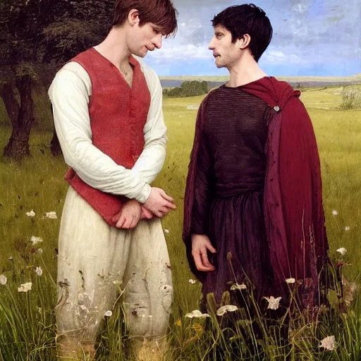 Prompt: Bradley James and Colin Morgan, 2 guys. From the television show Merlin (2008). In a beautiful meadow in love and happy;high-detailed oil painting by Tom Bagshaw, Ilya Repin, Caravaggio, William Blake, Alex Grey, Thomas Eakins and Beksinski, trending on Artstation, masterpiece, 4k