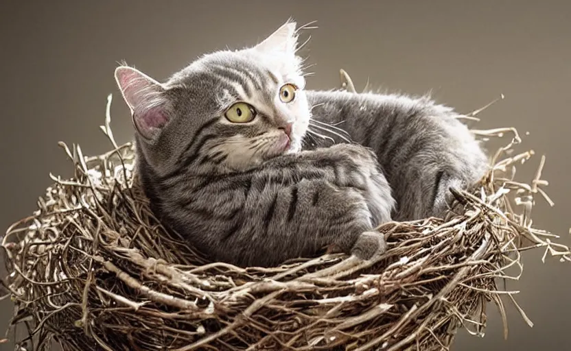 Image similar to david attenborough explaining the life of cats, showing off a small cat in a big birds nest, shorthair cat, eggs. national geographic, strange, photorealistic