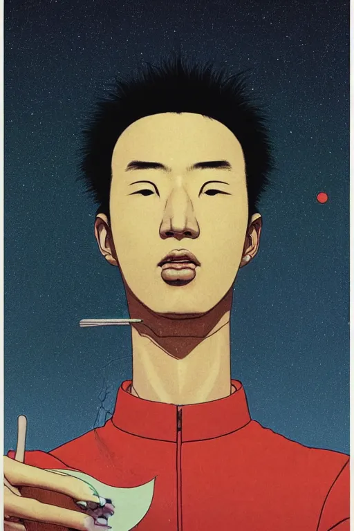 Image similar to a scifi closeup portrait of a young japanese man licking a blotter paper of LSD acid on his tongue and dreaming psychedelic hallucinations in cosmos, by kawase hasui, moebius, Edward Hopper and James Gilleard, Zdzislaw Beksinski, Steven Outram colorful flat surreal design, hd, 8k, artstation
