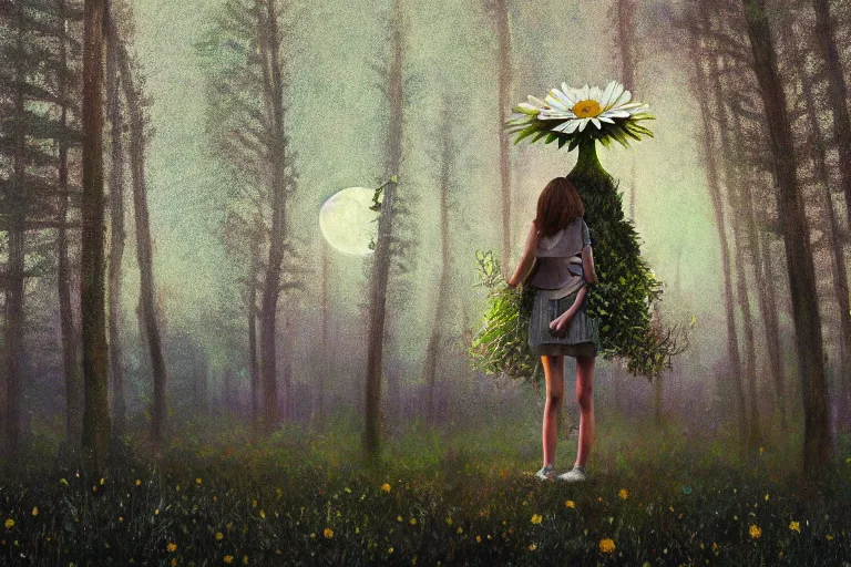 Prompt: giant daisy flowers head, girl standing in forest, surreal photography, dark night, stars, moon light, impressionist painting, clouds, digital painting, artstation, simon stalenhag