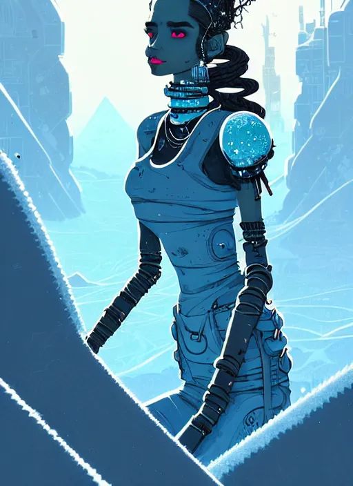 Image similar to highly detailed portrait of wasteland punk long curly white icey shard hair tribal lady, stray wiring by atey ghailan, james gilleard, by joe fenton, by greg rutkowski, by greg tocchini, by kaethe butcher, 4 k resolution, gradient blue, cyan, black and white color scheme!!! ( ( snowy glaciated robotic dystopian city background ) )