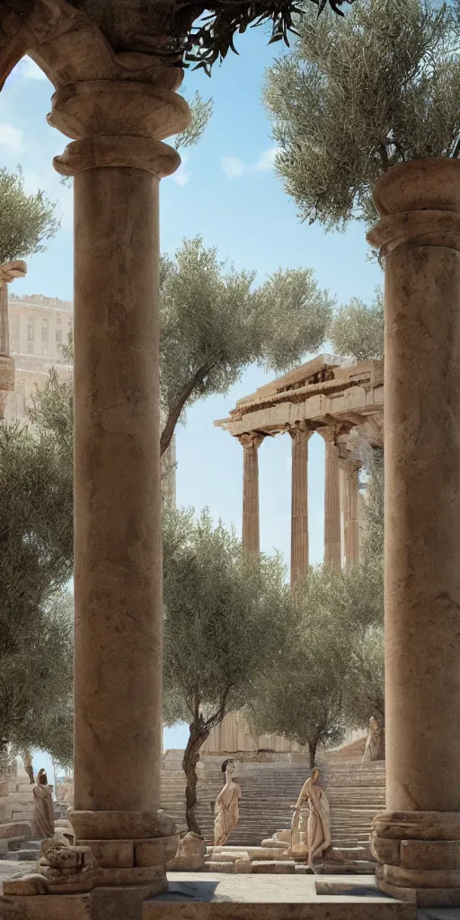 Image similar to ancient greek city, sunny day, olive trees, houses and temples, marble columns, by ilya kuvshinov, rtx rendering, octane render 1 2 8 k, maya, extreme high intricate details by tom bagshaw, medium shot, composition by sana takeda, lighting by greg rutkowski