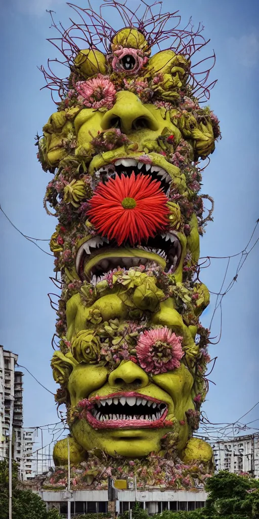 Prompt: colossal grotesque Beelzebub flower made from angry mankind smiles in the middle of abandoned post soviet constructivist cityscape, Stalinist architecture, ultradetailed, Intricate by Hayao Miyazaki and Josan Gonzalez and Makoto Shinkai and Giuseppe Arcimboldo and MC Esher and Wes Anderson