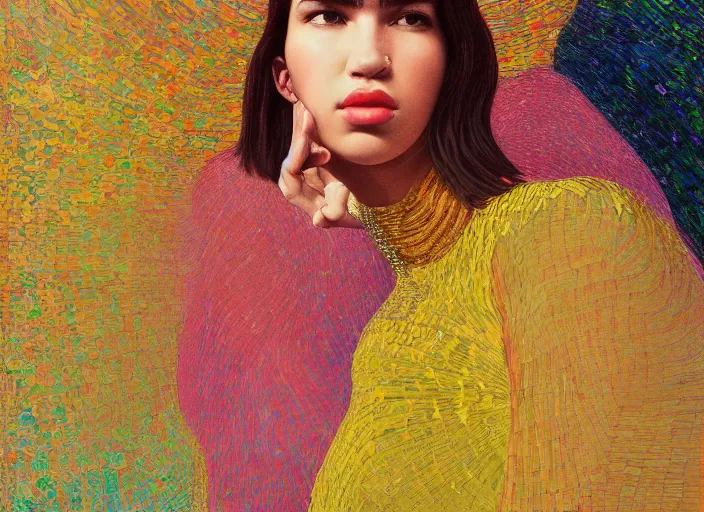 Prompt: dua lipa fully clothed full body 3 d render, colorful, in the style of frantisek kupka, intricate, miles johnston, kuroda seiki, cynical realism, ozabu, john william godward, painterly, yoshitaka amano, moebius, beautiful lighting, miles johnston, klimt, louise zhang, james jean