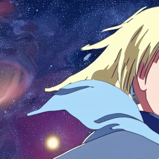 Prompt: Spirited away, guy with dark blonde hair and blue eyes in space, profile picture