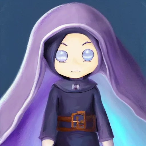 Image similar to little boy wearing nun outfit, blonde hair, light blue eyes. purple and black color palate, detailed soft painting, made in abyss art style, anatomically correct