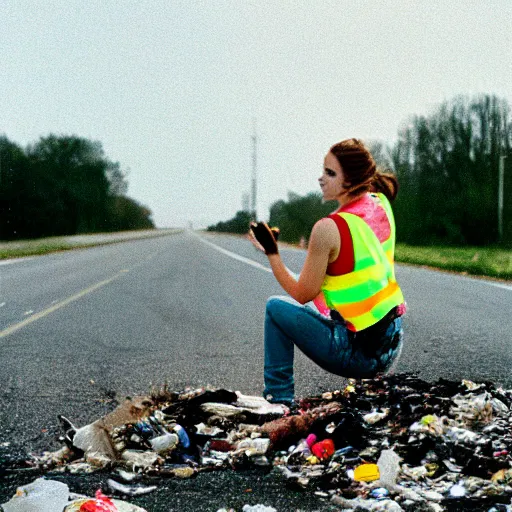 Image similar to photo, close up, emma watson in a hi vis vest picking up trash on the side of the interstate, portrait, kodak gold 2 0 0,