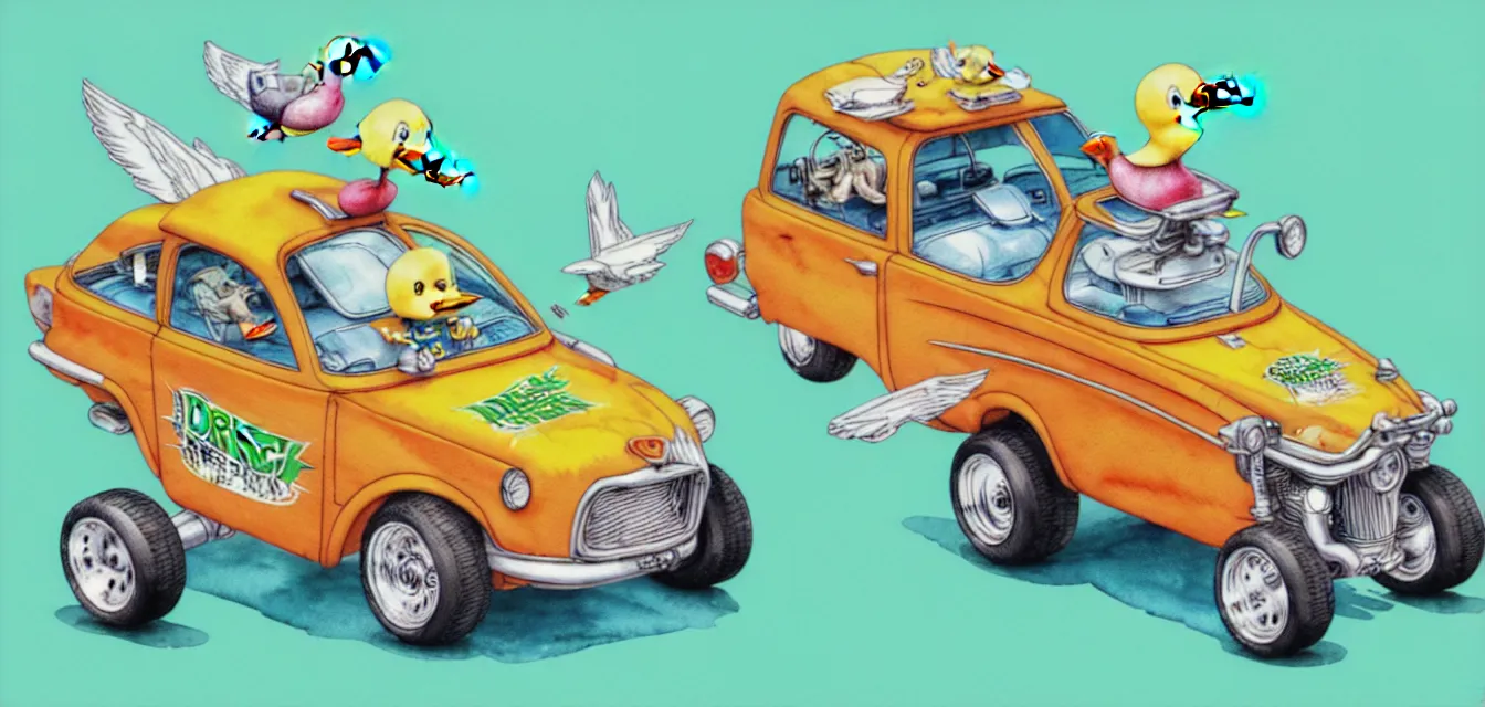 Image similar to cute and funny, duck riding in a tiny hot rod with oversized engine, ratfink style by ed roth, centered award winning watercolor pen illustration, isometric illustration by chihiro iwasaki, edited by range murata, tiny details by artgerm and watercolor girl, symmetrically isometrically centered