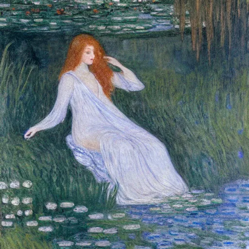 Image similar to ophelia laying partially submerged in water floating down the river amongst the reeds fully covered in robes and lake foliage weeds reeds fully clothed in flowing medieval robes by rosetti and monet, 8 k