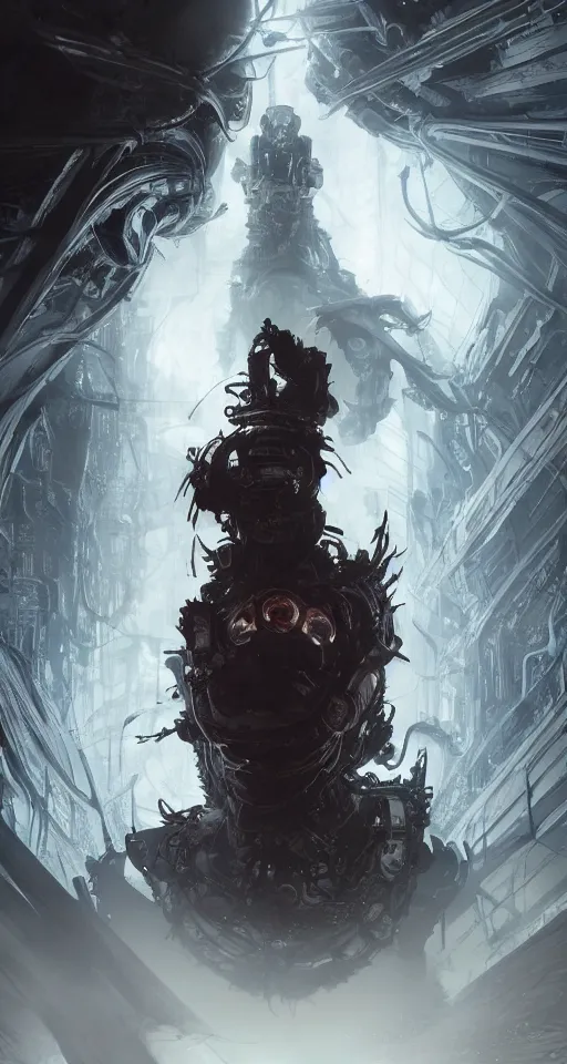 Prompt: dystopian, a dreamland of chinese ukiyo - e, gothic diablo art, rococo art, 4 k post processing. asymmetrical, portrait of an alien with large tubes in face in the style of, ghost in the shell, machine face, intricate, elegant, dramatic lighting concept art by craig mullins and ruan jia and raphael lacoste, trending on artstation