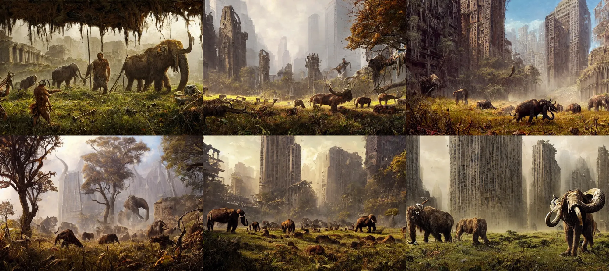 Prompt: epic scene of prehistoric hunter gatherers hunting wooly mammoth in ancient ruins of decayed skyscrapers, overgrown with vegetation, grass, trees, autumn season, clear and beautiful sunny weather, epic feels, high details, oil painting by greg rutkowski and craig mullins, 8 k