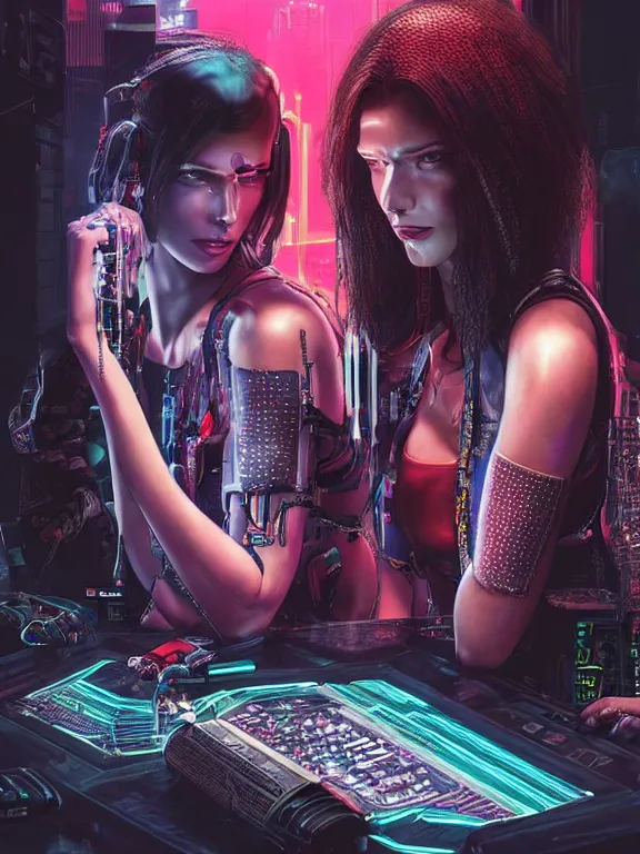 Prompt: a complex cyberpunk 2077 concept art ultra detailed of two veiled perfect human face female android queens praying together with lots of electric cable behind them connected to giant computer,bowknot, fine lace, GUCCI, sparkling, jewel embellishment, film lighting, by Andrei Riabovitchev,Stanely Artgerm, Tom Bagshaw, Andrei Riabovitchev, aaron horkey, trending on pinterest, full of color, mythological, high detailed,golden ratio,cinematic lighting