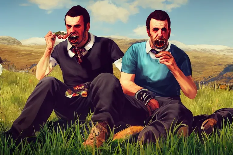 Image similar to a scottish scotland guy eating edible in scotland gta 5 loading screen art, trending on artstation