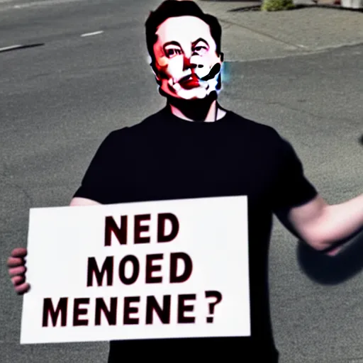 Image similar to elon musk begging money on streets holding sign'need money ', photorealistic, canon 3 5 mm photography