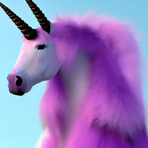 Image similar to a furry unicorn based on a percheron horse, the unicorn fur is purple, pink and yellow with an ombre effect, the unicorn is beautiful, made with unreal engine 5 very expensive effects, a lot of detail in the fur to look realistic