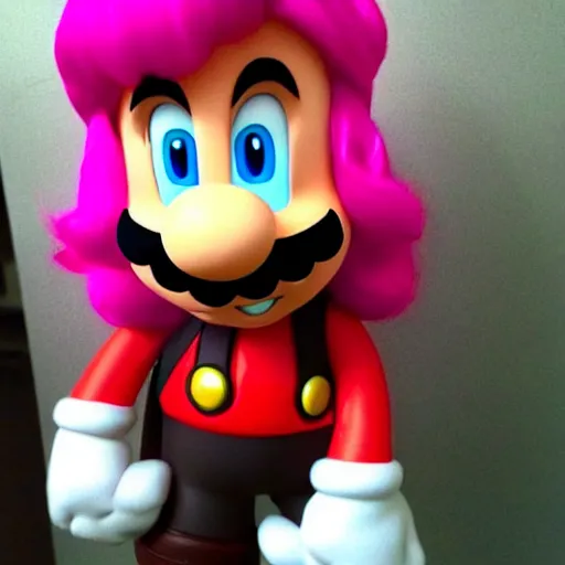 Prompt: Super Mario with long pink hair