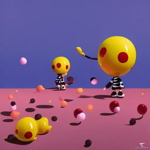 Image similar to yayoi kusama being chased by a ballon dog, nendroid, art by wgreg rutkowski. during golden hour. extremely silly.