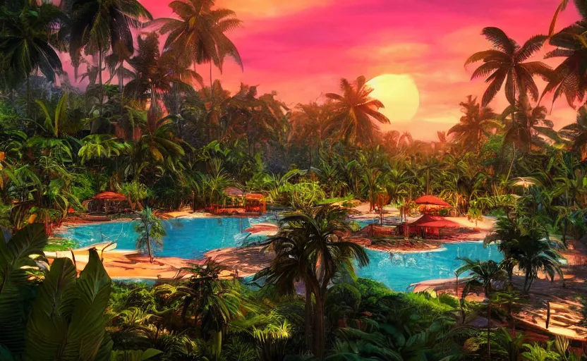 Image similar to a tropical resort in a jungle paradise, with a beautiful red and blue sunset, dynamic lighting, photorealistic fantasy concept art, trending on art station, stunning visuals, creative, cinematic, ultra detailed, ray tracing, sun rays