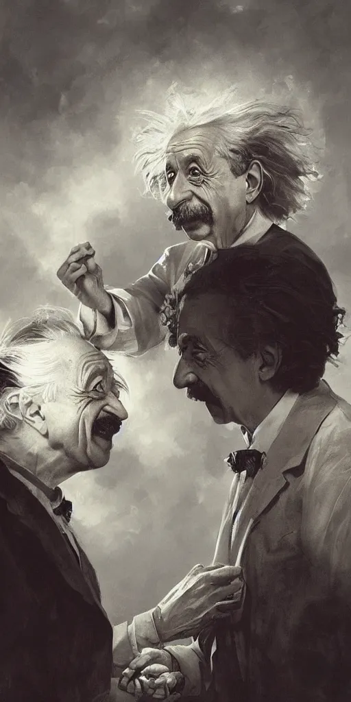 Prompt: Albert Einstein and Alan Watts having a metaphysical discussion, intricate portraits, cheerful, happy, hyperdetailed, artstation, cgsociety by greg rutkowski and by Gustave Dore