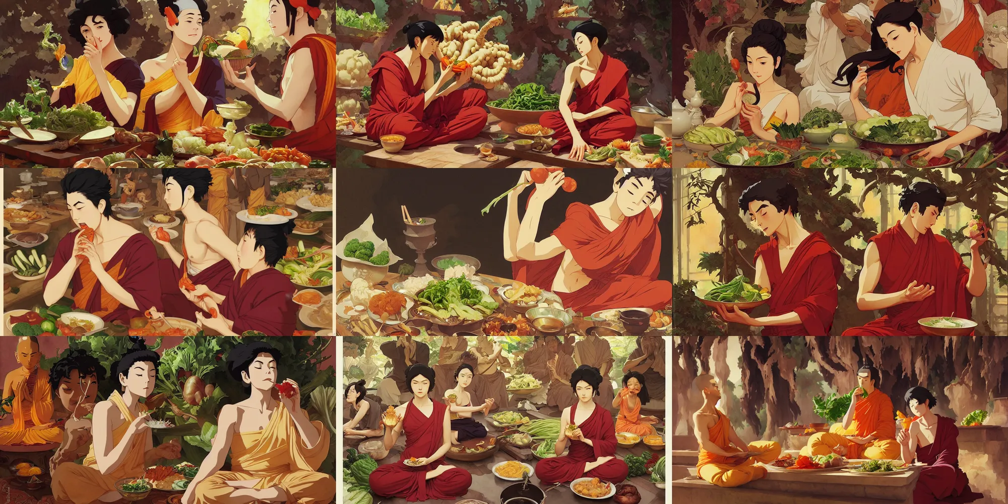 Prompt: buddhism, eating vegetable, in the style of studio ghibli, j. c. leyendecker, greg rutkowski, artem