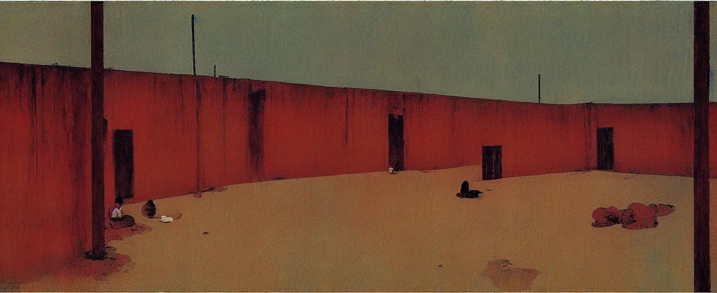 Image similar to a chinese prison near a river by peter doig, muted colors