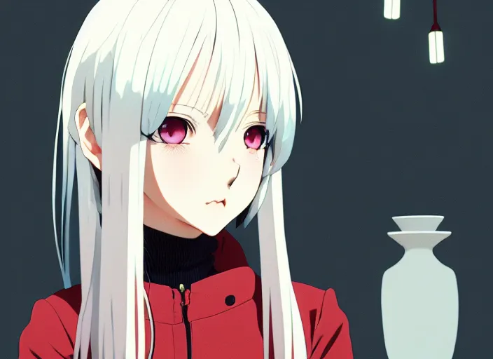 Image similar to anime visual, portrait of a white haired cute girl with red eye in her interior room, cute face by ilya kuvshinov, yoshinari yoh, makoto shinkai, katsura masakazu, dynamic perspective pose, detailed facial features, kyoani, rounded eyes, crisp and sharp, cel shad, anime poster, ambient light