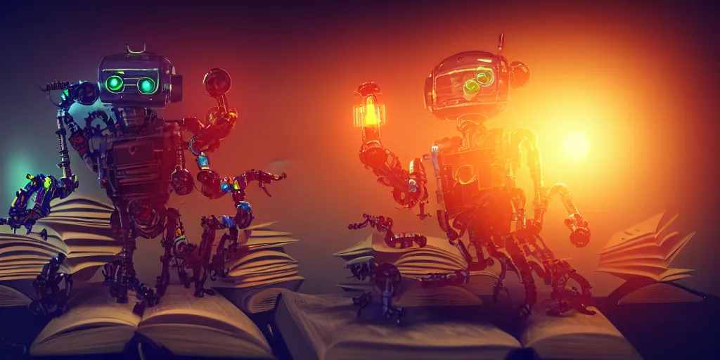 Image similar to A frightening multi armed evil robot devouring books with pipes and tubes and pages floating down, hyperealistic very colourful hdr cinematic lighting cgi render photorealistic cinematic octane render