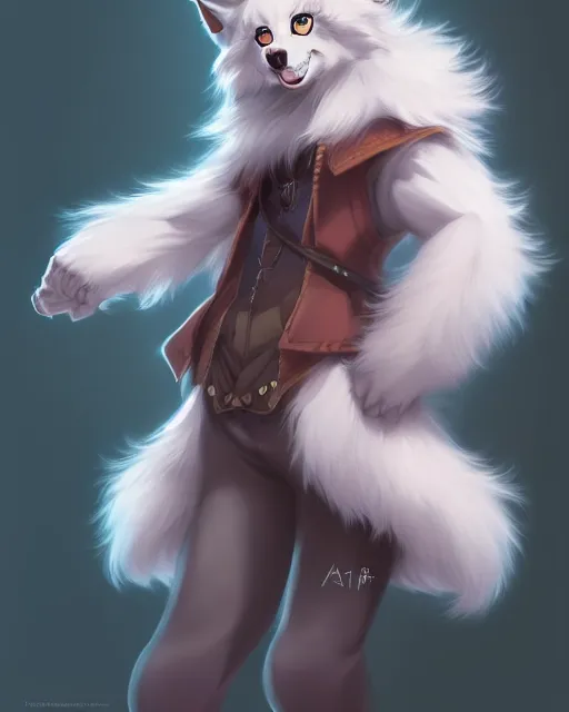 Image similar to fullbody portrait of anthropomorphic half - wolf fluffy cute anime character, concept art, anime art, by a - 1 picture, trending on artstation artgerm, ross tran, wlop, marc davis