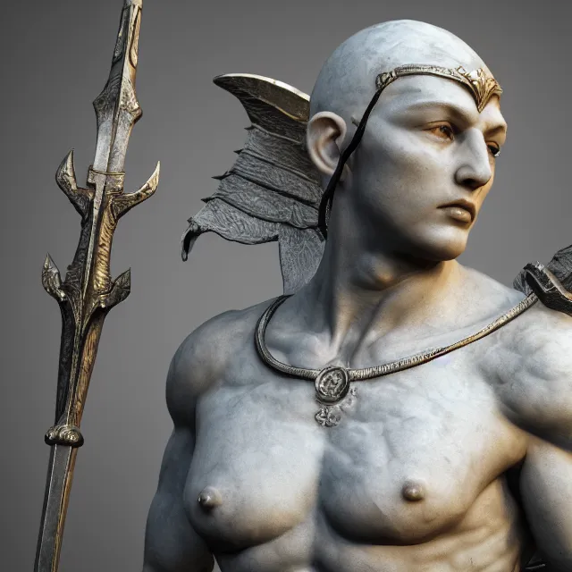 Image similar to marble sculpture of a warrior elf, realistic, unreal engine render, octane render, hyper realistic, photo, 8 k, cinematic lighting