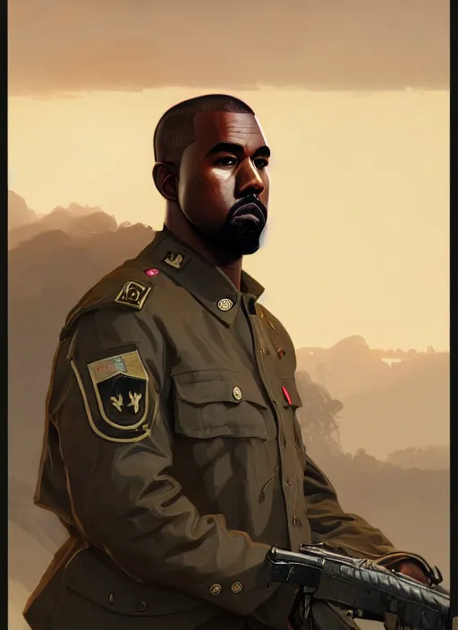 Image similar to highly detailed portrait kanye west military uniform in gta v stephen bliss unreal engine fantasy art by greg rutkowski loish rhads ferdinand knab makoto shinkai lois van baarle ilya kuvshinov rossdraws tom bagshaw global illumination radiant light detailed intricate environment