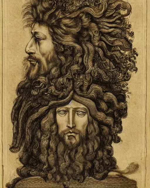 Image similar to four faces in one creature, eagle beak, lion mane, two large horns on the head, jesus face, drawn by da vinci