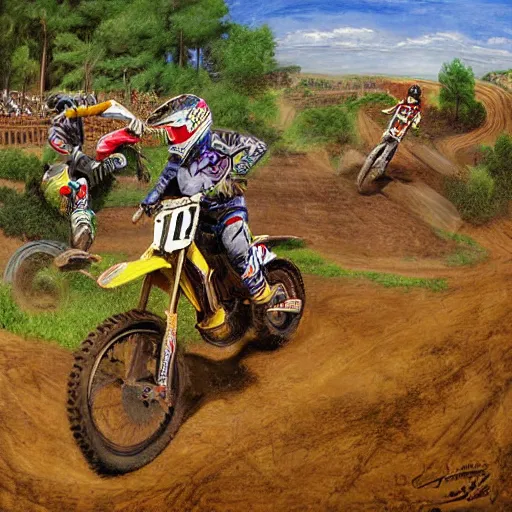 Image similar to motocross race on dirt jump, garden of earthly delights painting by jerome bosch