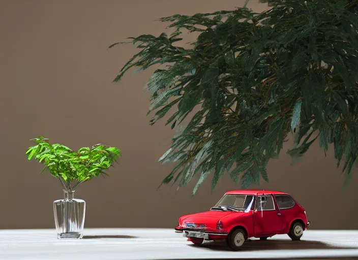 Image similar to a small miniature of a red Datsun 1200 on a white table near a book and a vase with a plant, 3d render, octane render, unreal engine 5, path tracing, serene landscape, calm, relaxing, beautiful landscape, highly detailed, high quality, 4k, symmetrical, low contrast