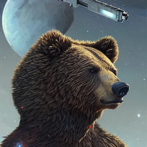 Image similar to detailed science - fiction character portrait of a grizzly bear shooting a machine gun in space, intricate, wild, highly detailed, digital painting, artstation, concept art, smooth, sharp focus, illustration, art by artgerm and greg rutkowski and alphonse mucha