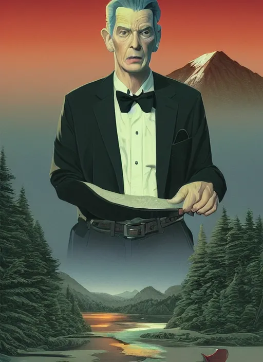 Prompt: Twin Peaks poster artwork by Michael Whelan and Tomer Hanuka, Karol Bak, Rendering of Bill Murry, from scene from Twin Peaks, clean, full of details, by Makoto Shinkai and thomas kinkade, Matte painting, trending on artstation and unreal engine