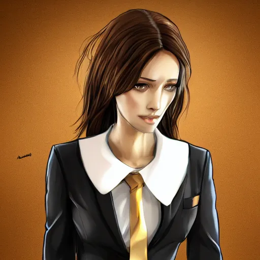 Prompt: woman in black business suit, chill, light brown neat hair, pixiv, fanbox, trending on artstation, portrait, digital art, modern, sleek, highly detailed, formal, serious, determined, blue tie, competent, colorized, smooth, charming, pretty, safe for work