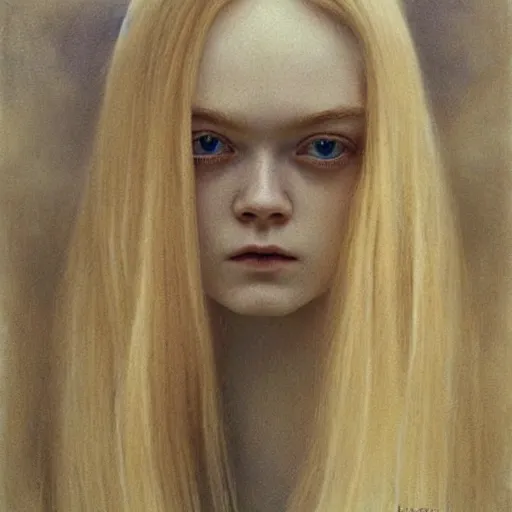 Prompt: Painting of Elle Fanning in creepy world, long blonde hair, delicate, pale milky white porcelain skin, by Beksinski. 8K. Extremely detailed.