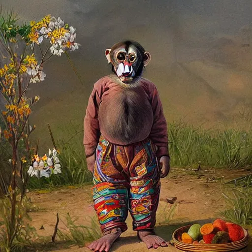 Image similar to beautiful painting by sophie anderson of a chimpanzee wearing traditional men kurdish clothes baggy pants and white shirt with a large sash tied around the waist in a kurdish village, award winning art, insanely detailed, bright colors, global illumination, cute, young, stunning