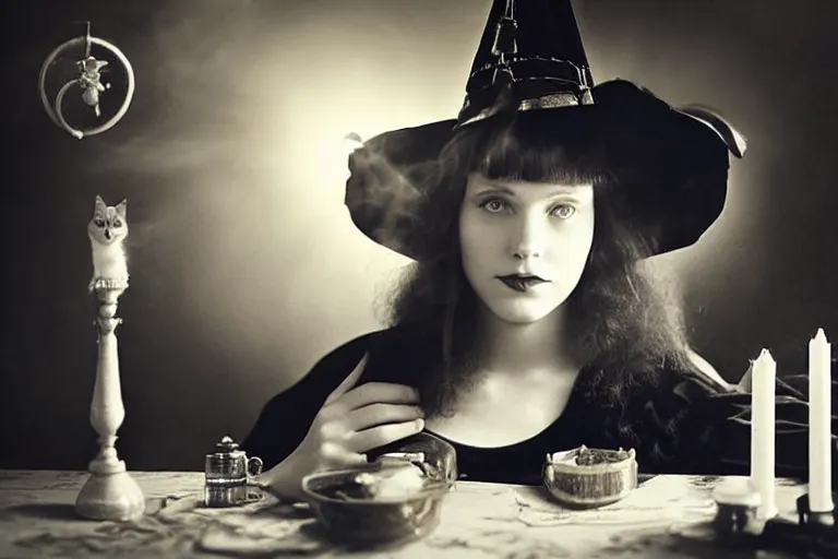 Prompt: close up portrait, dramatic lighting, concentration, calm confident teen witch and her cat, tarot cards displayed on the table in front of her, sage smoke, magic wand, a witch hat cloak, apothecary shelves in the background 1 9 2 0's photo, damaged film