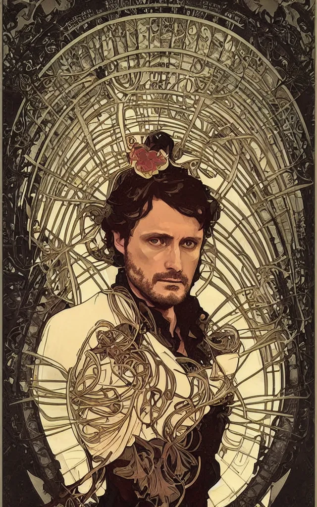 Image similar to Will Graham from NBCs Hannibal in portrait Alphonse Mucha art nouveau style, detailed high definition poster, photorealistic brutal artwork, featured on artstation, powerful, high definition, large file size, advertisement