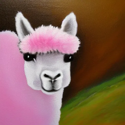 Image similar to fluffy pink alpaca on a cliff, oil painting