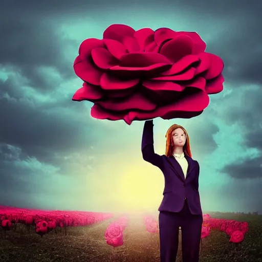 Image similar to giant rose flower head, frontal, girl in a suit, surreal photography, sunrise, dramatic light, impressionist painting, digital painting, artstation, simon stalenhag