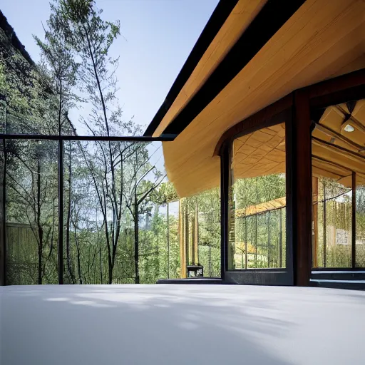 Prompt: Architectural photography of a residential house by Kengo Kuma