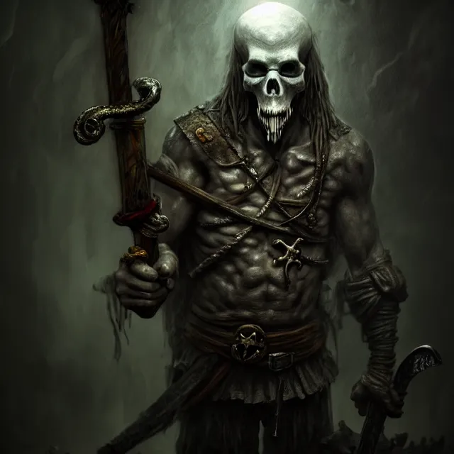 Prompt: photo of a ghostly pirate head and torso, holding a sword and standing in a grotto, photorealistic, dark, lovecraft, paul carrick, atmospheric lighting, painted, intricate, ultra detailed, well composed, best on artstation, cgsociety, epic, stunning, gorgeous, intricate detail, wow, masterpiece