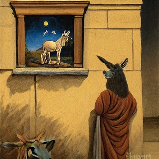 Image similar to man in ancient caananite costume painting a painting of a donkey on the doorpost of an ancient home