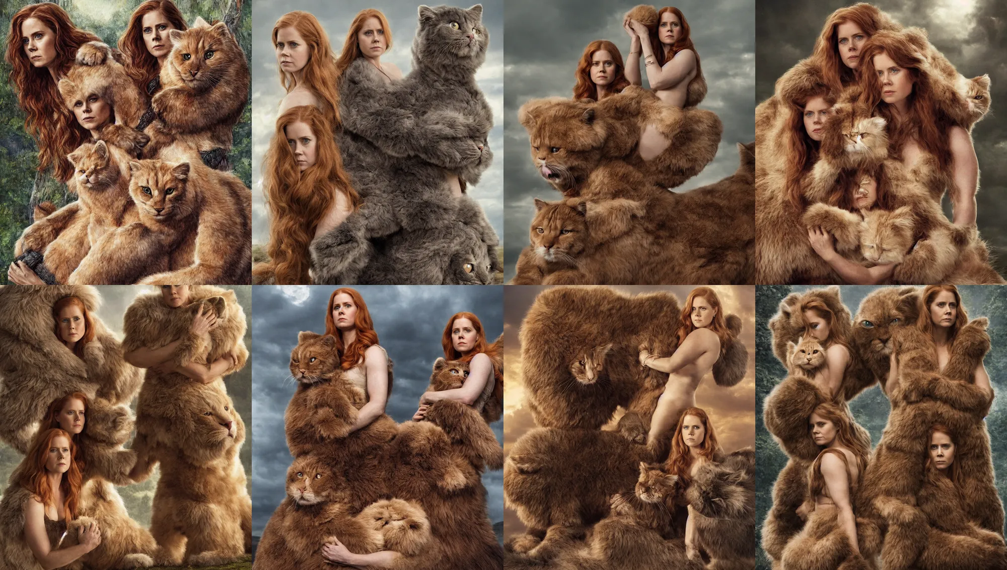 Image similar to amy adams as an amazon warrior leaning against her giant fluffy cat, highly detailed, magali villeneuve, 1 9 6 0