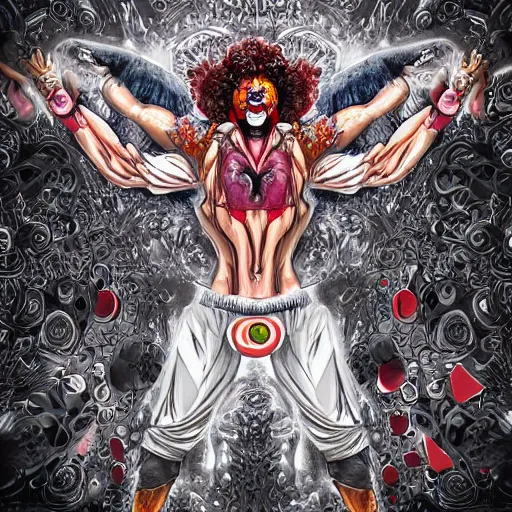 Image similar to 4K headshot of godlike clown with clown nose and defined arms and open hands and bloody clothes with giant mandala wings , intricate runny clown face make-up , flawless anime cel animation by Kentaro Miura, psychedelic , highly detailed upper body , professionally post-processed , beautiful, scary, symmetry accurate features, epic, octane rendered, anime masterpiece, accurate